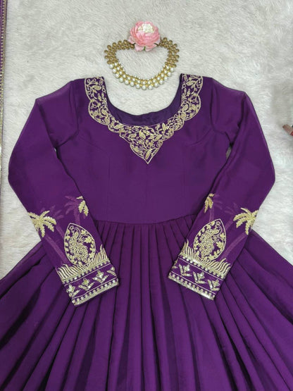Purple Georgette Anarkali Embroidered Gown Set With Dupatta & Pant