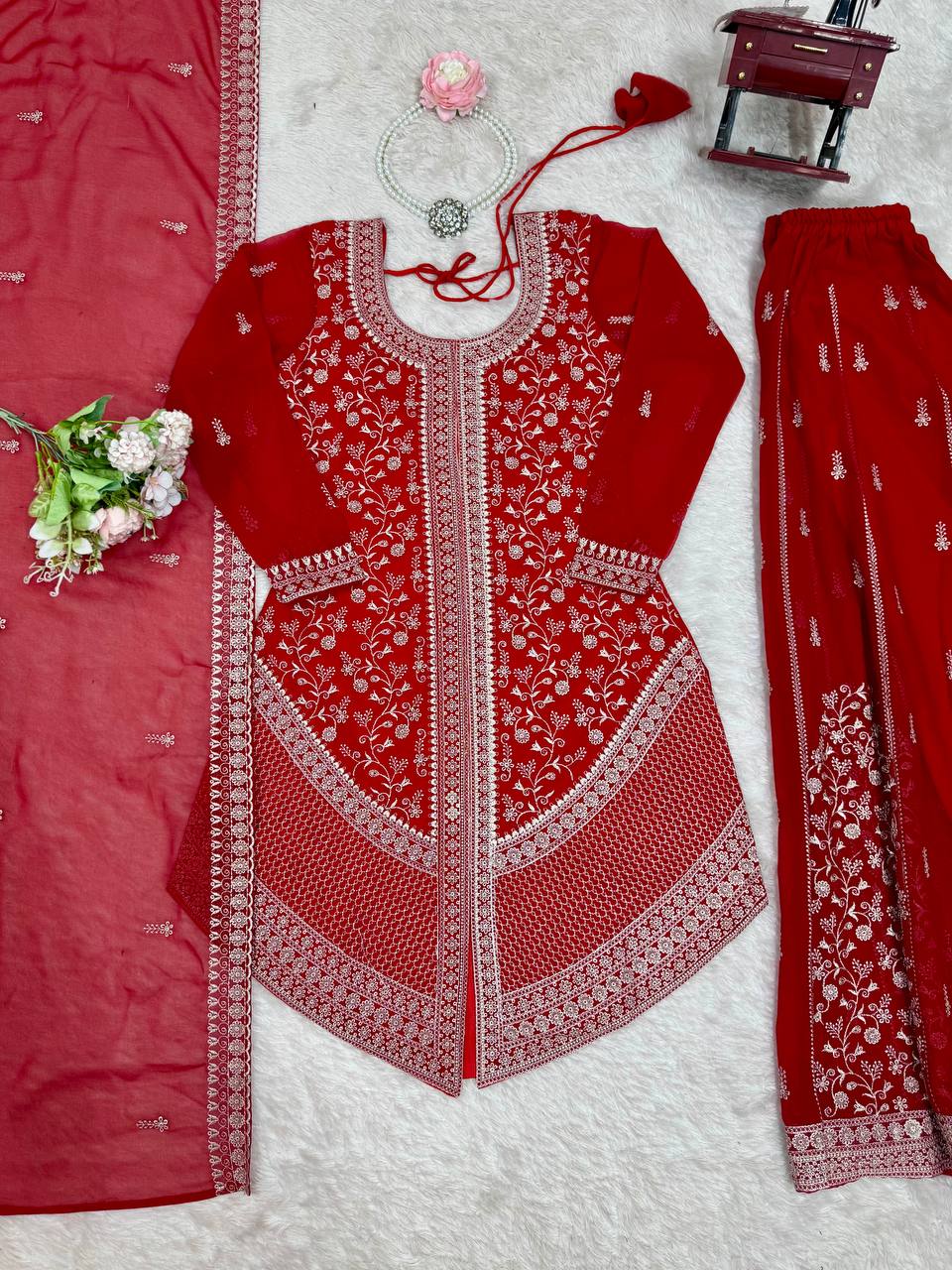 Red Embroidered Kurta Sharara Set With Dupatta