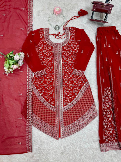 Red Embroidered Kurta Sharara Set With Dupatta