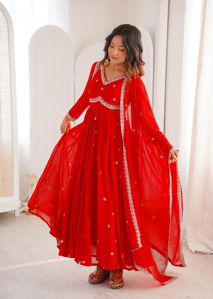 Red Thread Worked Georgette Gown Set With Dupatta & Pant