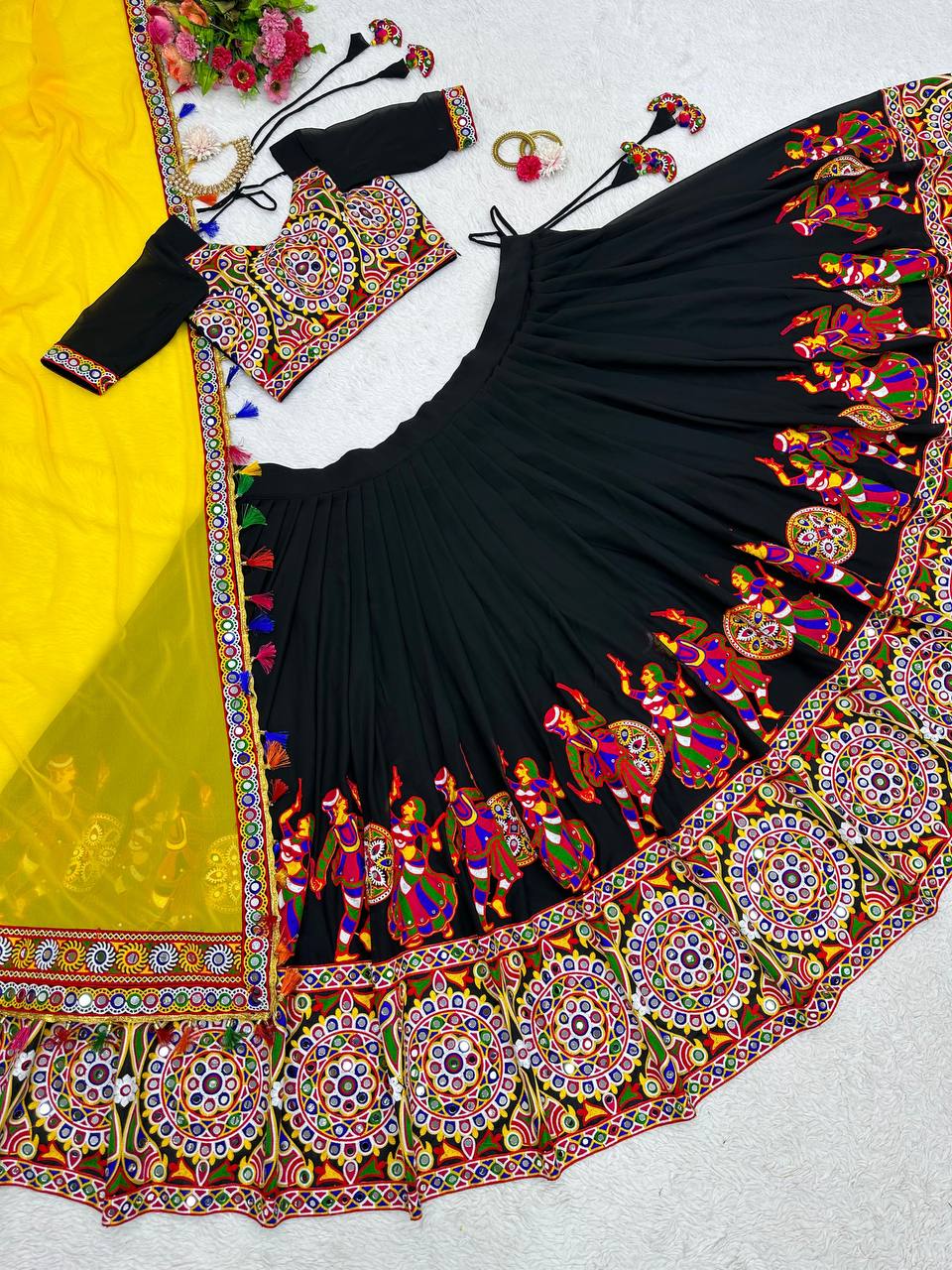 Black Navratri Lehenga Choli Set With Gujarati Embroidery and traditional Garba Dancer Motifs With Yellow Dupatta