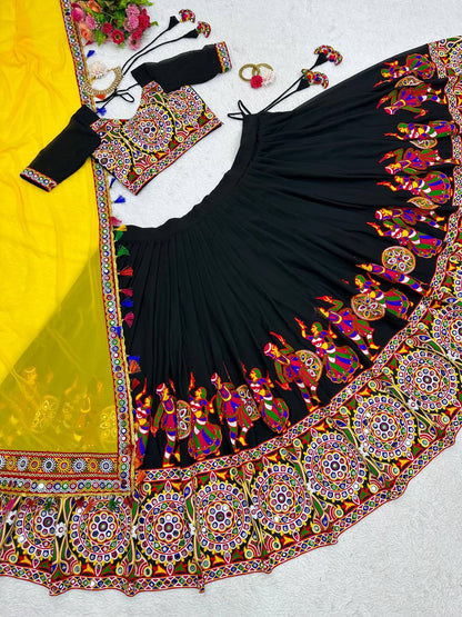 Black Navratri Lehenga Choli Set With Gujarati Embroidery and traditional Garba Dancer Motifs With Yellow Dupatta