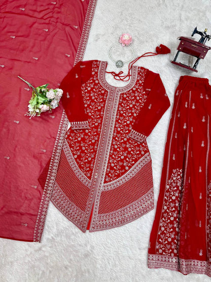 Red Embroidered Kurta Sharara Set With Dupatta