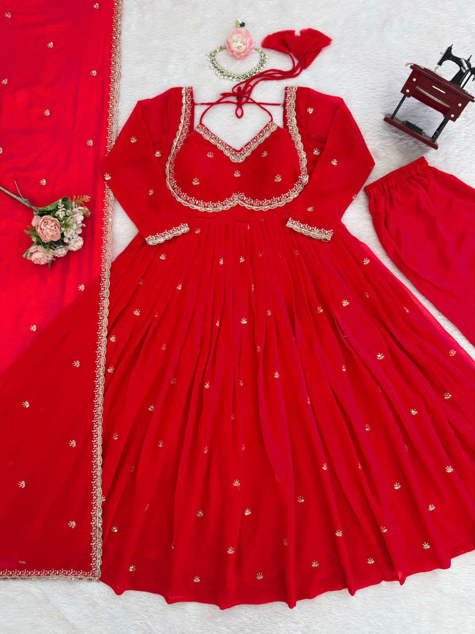 Red Thread Worked Georgette Gown Set With Dupatta & Pant