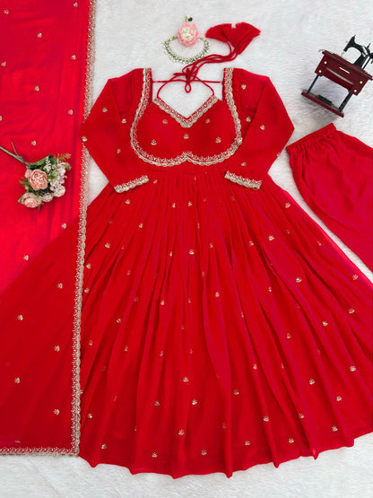 Red Thread Worked Georgette Gown Set With Dupatta & Pant