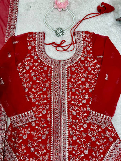 Red Embroidered Kurta Sharara Set With Dupatta