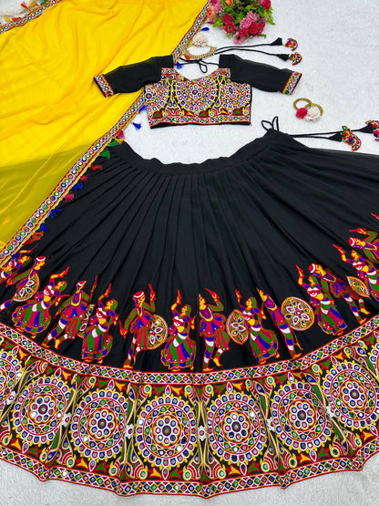 Black Navratri Lehenga Choli Set With Gujarati Embroidery and traditional Garba Dancer Motifs With Yellow Dupatta