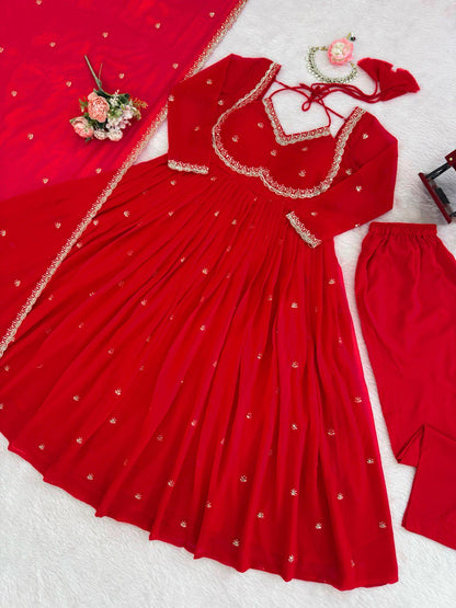 Red Thread Worked Georgette Gown Set With Dupatta & Pant