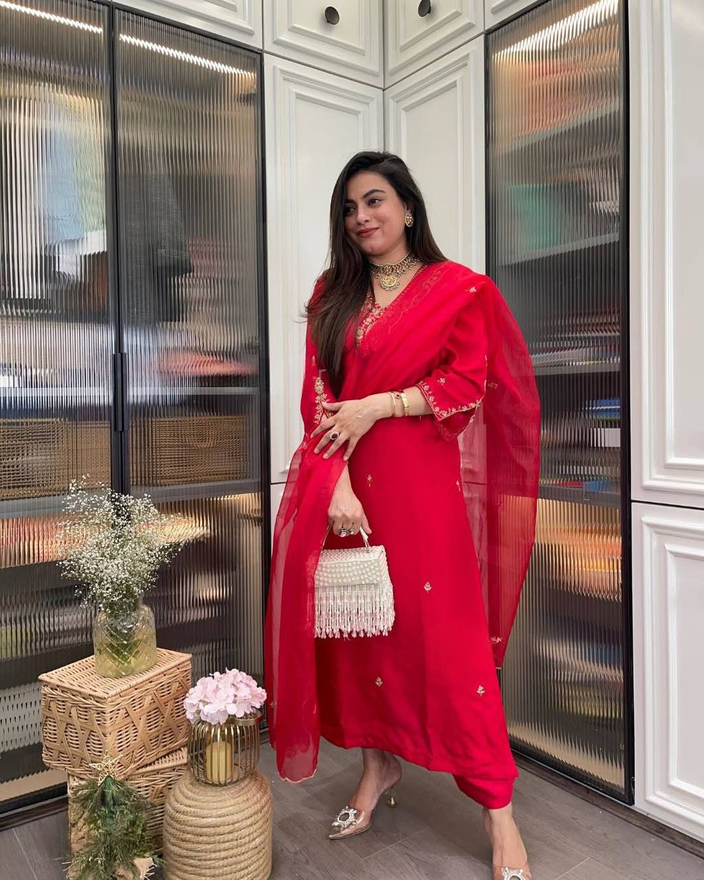 Women’s Red Designer Rayon Kurta Set with Embroidery & Sheer Organza Dupatta