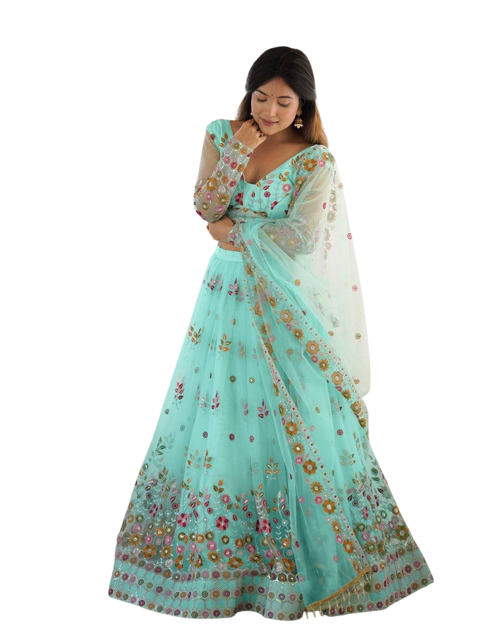 Pista Semi-Stitched Embroidered Net Lehenga Choli Set – Timeless Beauty in Every Thread