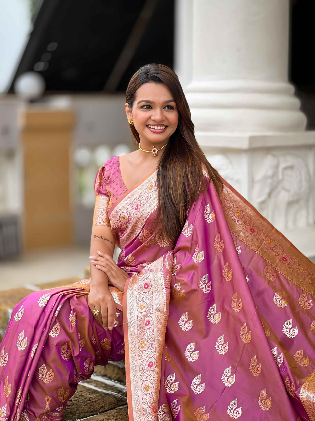 Peach Soft Banarasi Silk Saree with Meenakari Zari Weaving & Rich Pallu Design