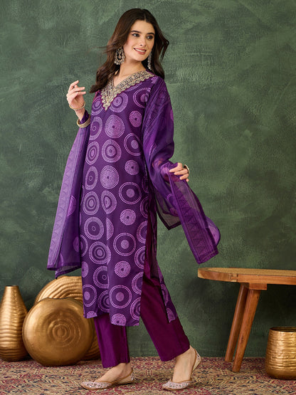 Purple Printed Kurta Set with Dupatta
