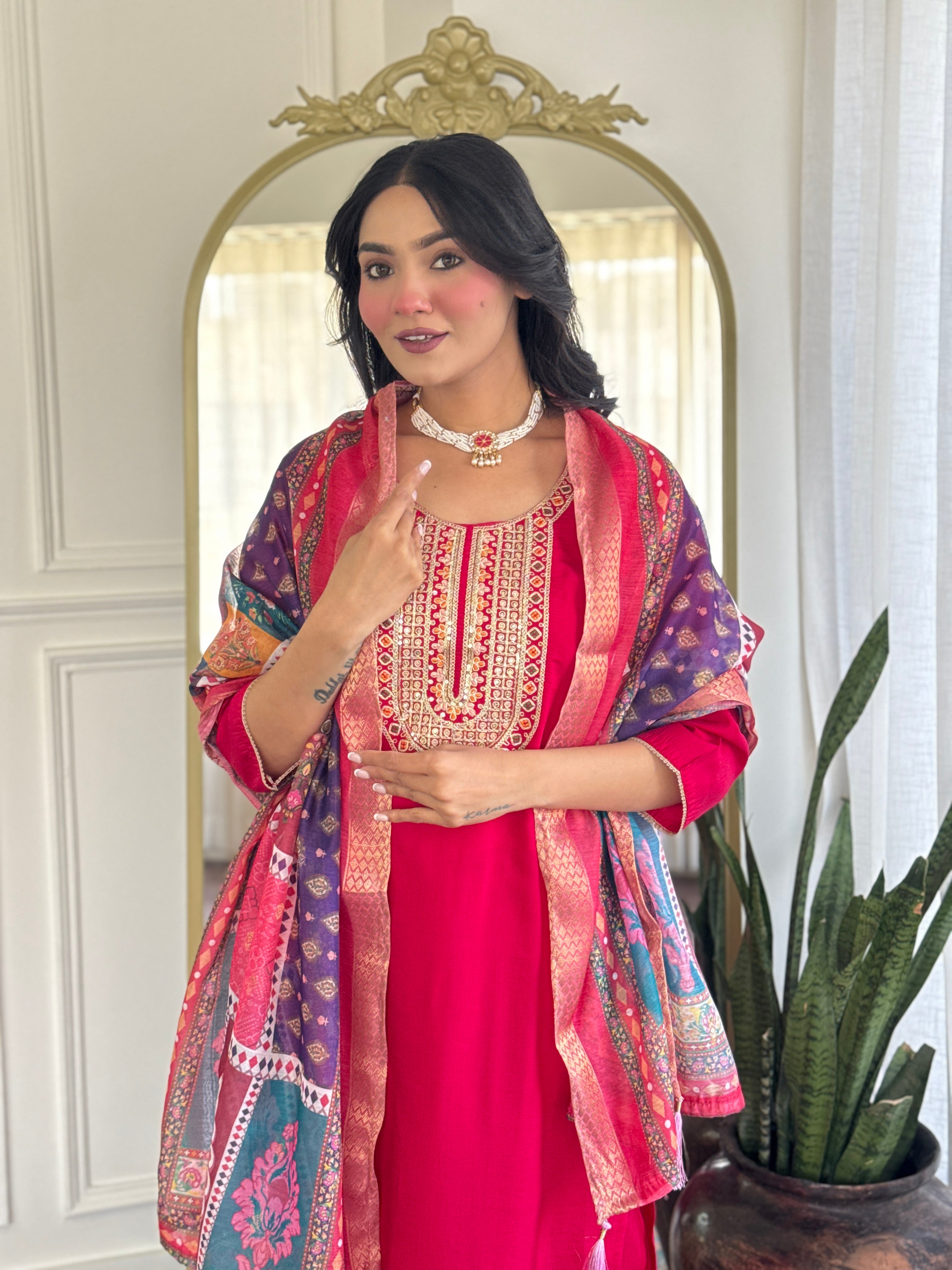 Women’s Rani Pink Festive Pure Viscose Chanderi Silk Set with Glamorous Sequin Embroidery