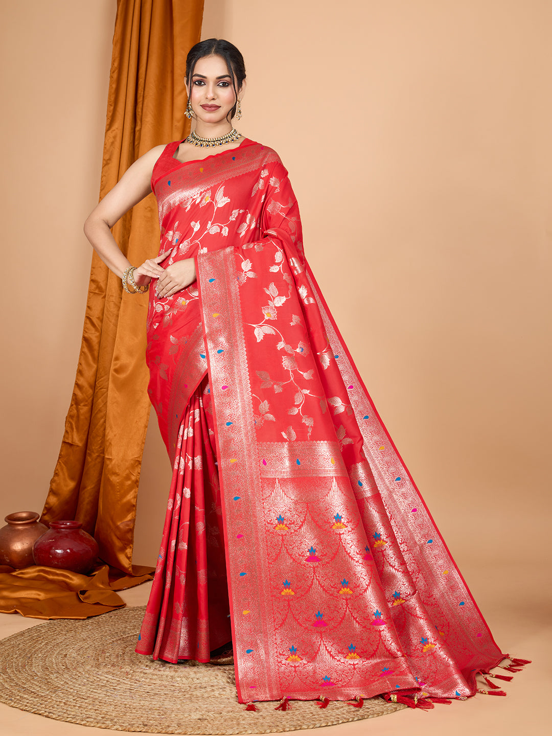 Red Soft Banarasi Silk Saree Featuring Meenakari Zari Weaving & Tassels on Pallu