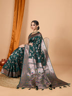 Dark Green Soft Banarasi Silk Saree Featuring Meenakari Zari Weaving & Tassels on Pallu