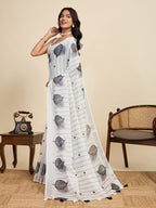 Women's White Color Linen Saree with Jari Border and Blouse Printed All Over Designer