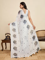Women's White Color Linen Saree with Jari Border and Blouse Printed All Over Designer