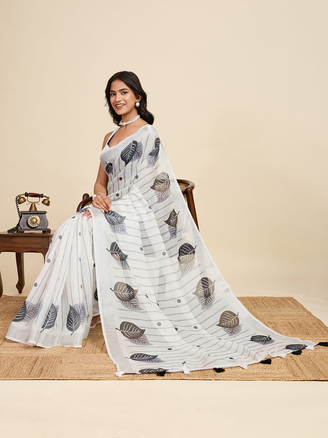 Women's White Color Linen Saree with Jari Border and Blouse Printed All Over Designer