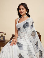 Women's White Color Linen Saree with Jari Border and Blouse Printed All Over Designer