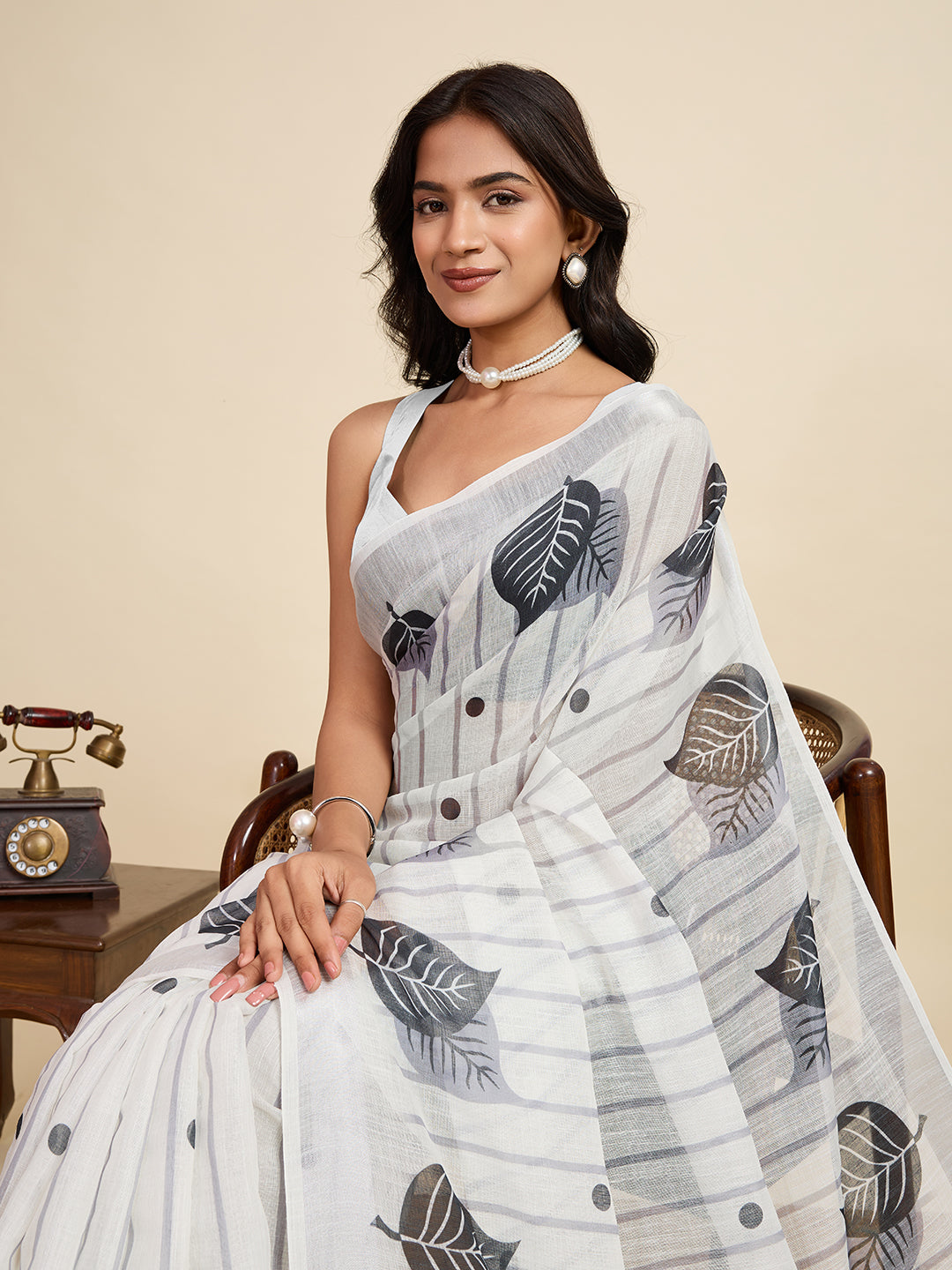 Women's White Color Linen Saree with Jari Border and Blouse Printed All Over Designer