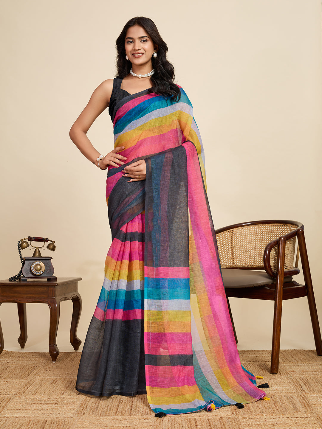 Women's Multi Colour Linen Saree with Jari Border and Blouse – Printed All Over Design
