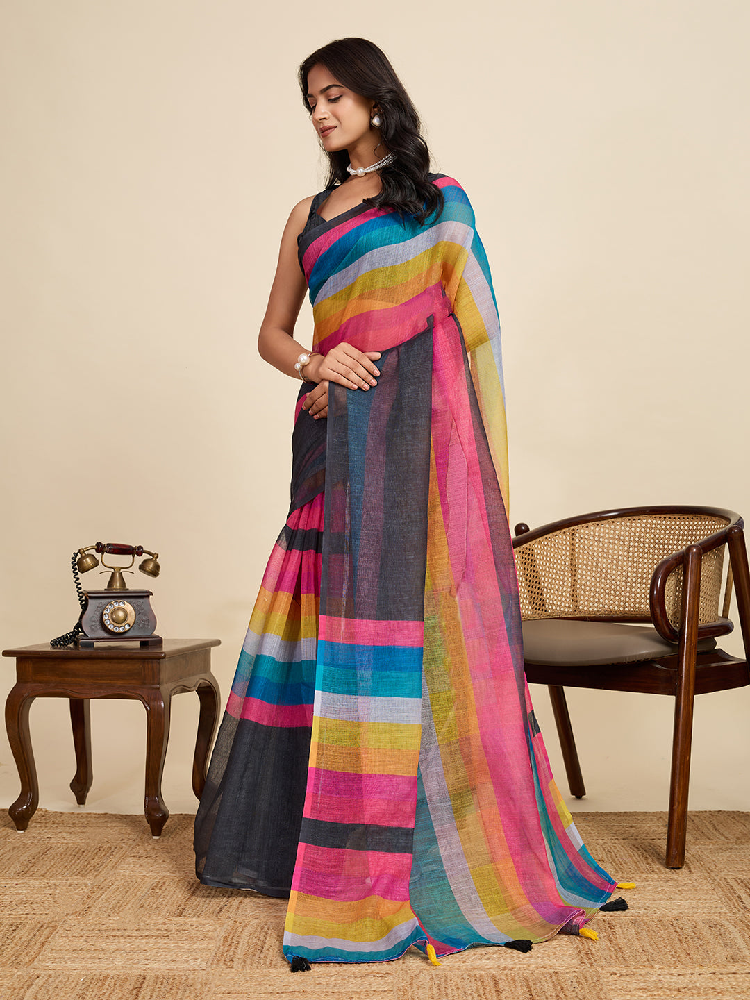 Women's Multi Colour Linen Saree with Jari Border and Blouse – Printed All Over Design