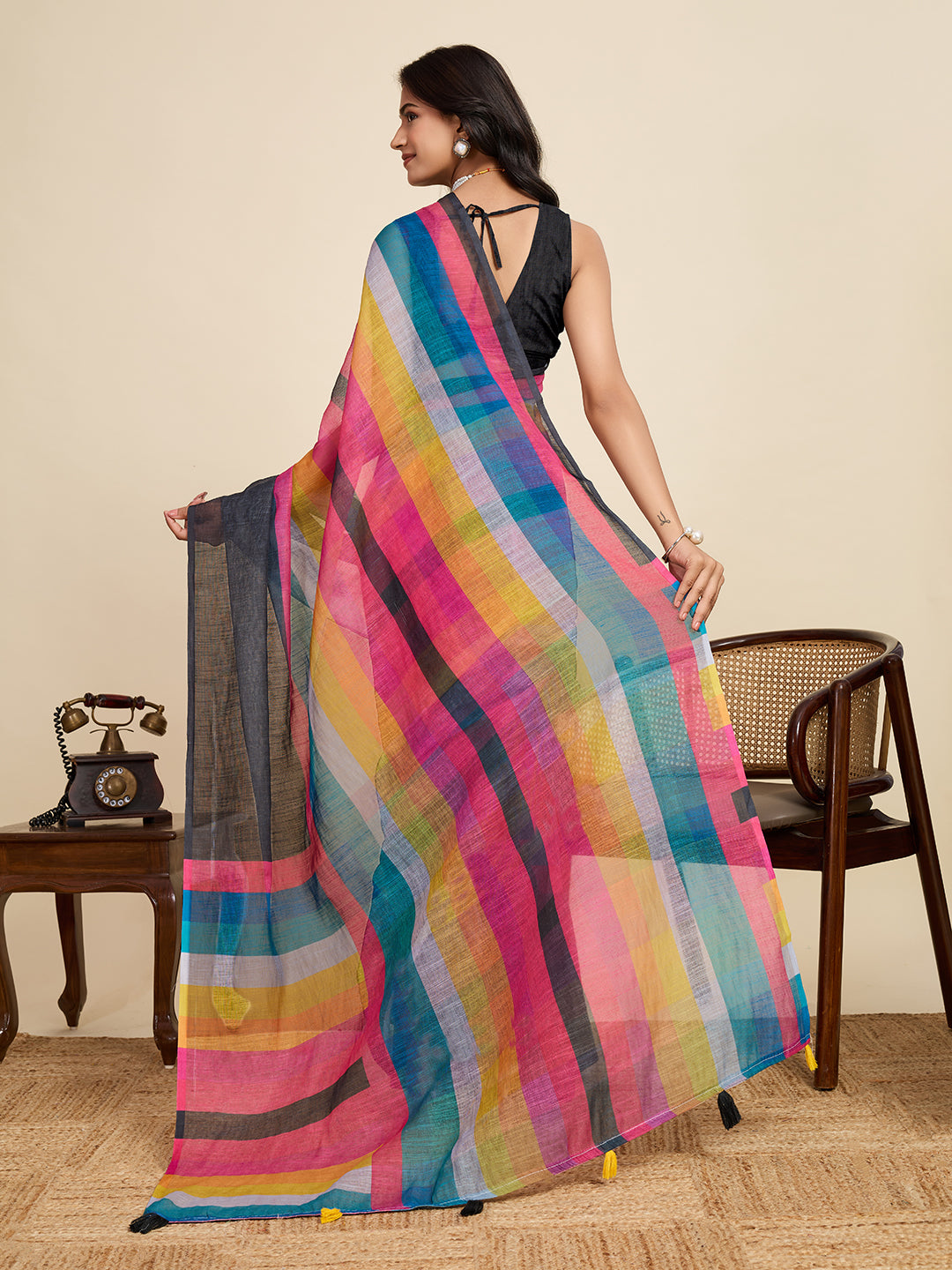 Women's Multi Colour Linen Saree with Jari Border and Blouse – Printed All Over Design