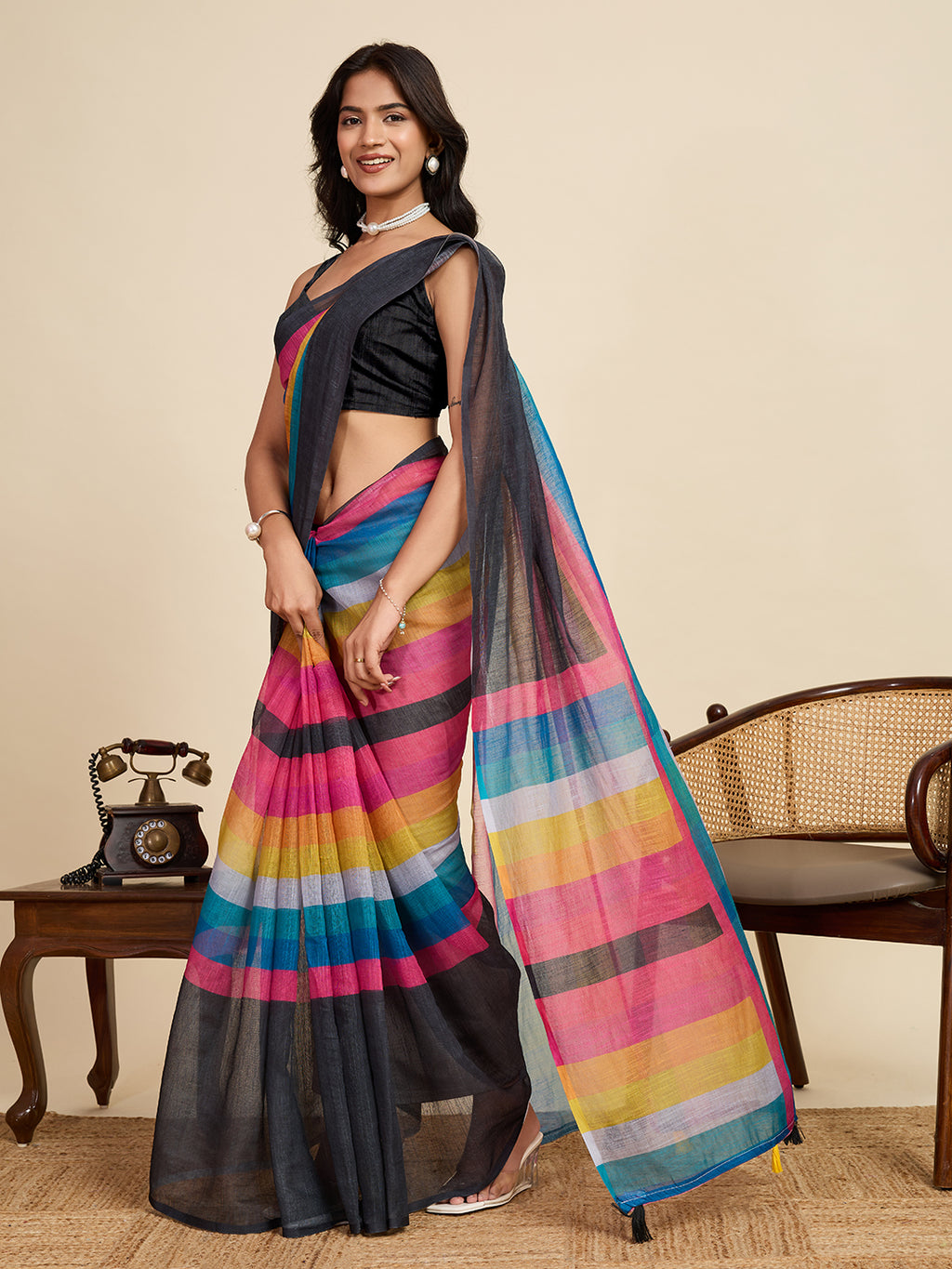 Women's Multi Colour Linen Saree with Jari Border and Blouse – Printed All Over Design