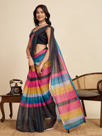 Women's Multi Colour Linen Saree with Jari Border and Blouse – Printed All Over Design