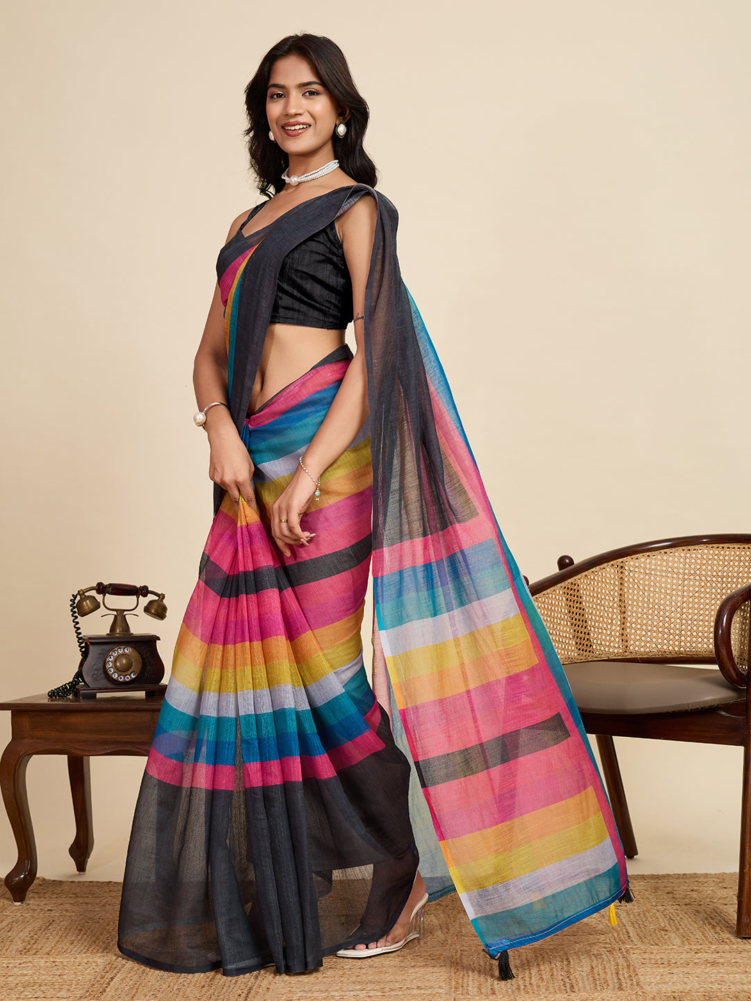 Women's Multi Colour Linen Saree with Jari Border and Blouse – Printed All Over Design
