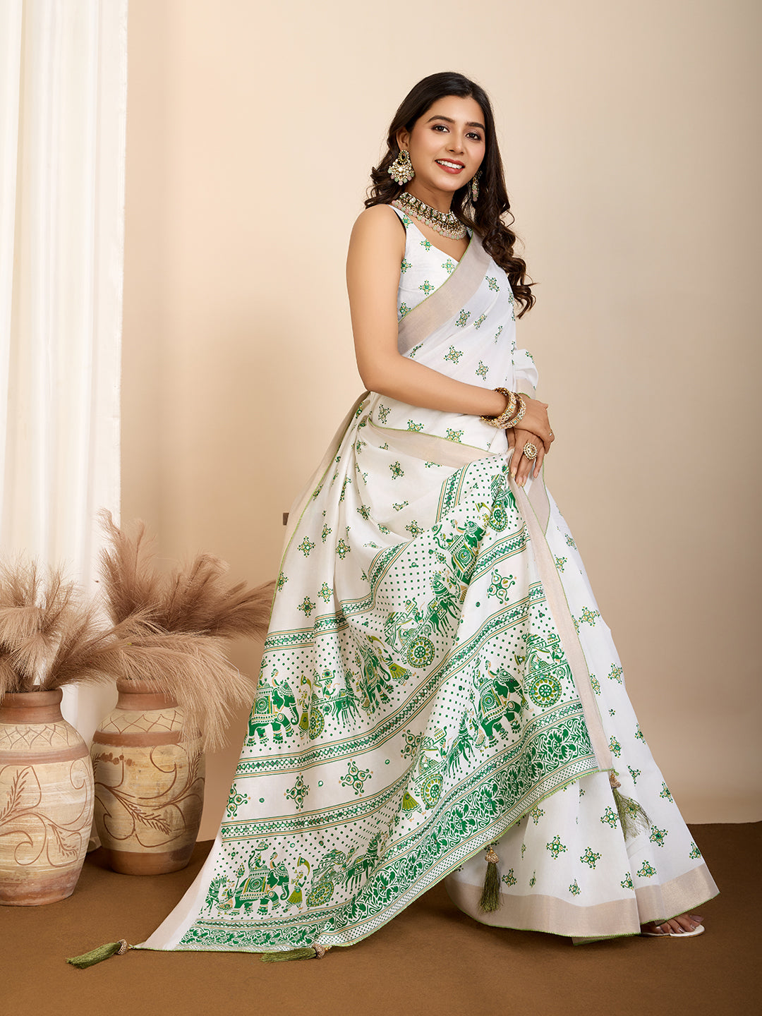 Green Semi-Cotton Saree with Zari Border – Soft, Traditional & Elegant