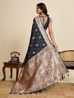 Black Soft Silk Saree in Premium Two-Tone Satin with Paithani Design, Rich Zari Pallu & Contrast Mina Border