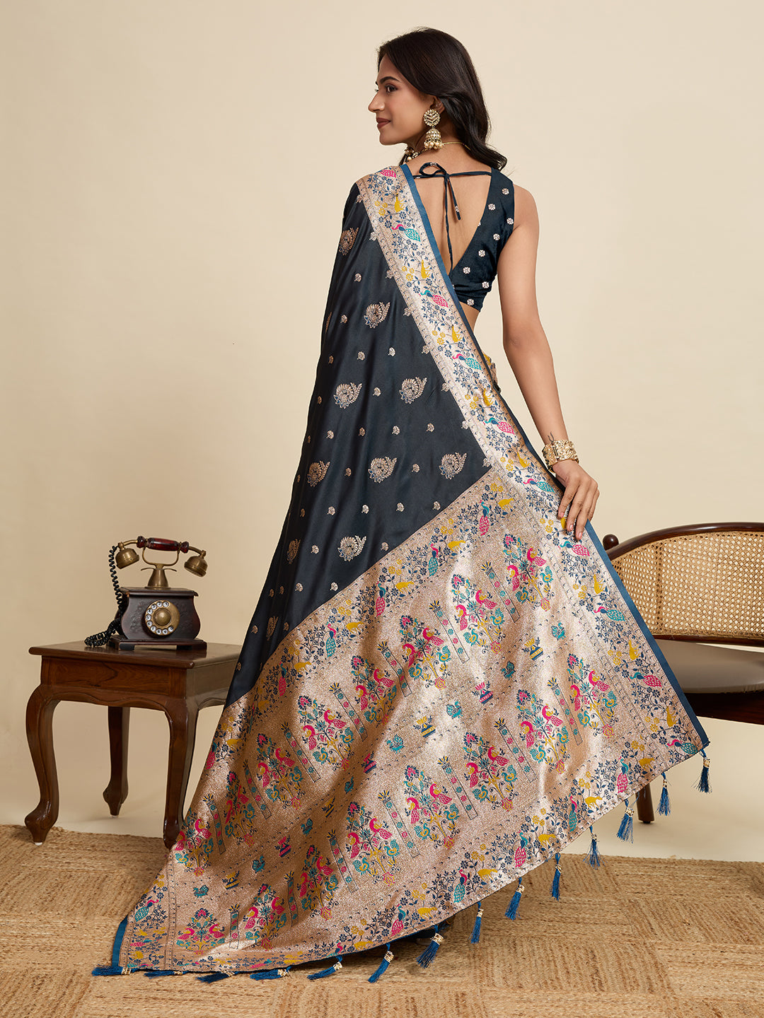 Black Soft Silk Saree in Premium Two-Tone Satin with Paithani Design, Rich Zari Pallu & Contrast Mina Border
