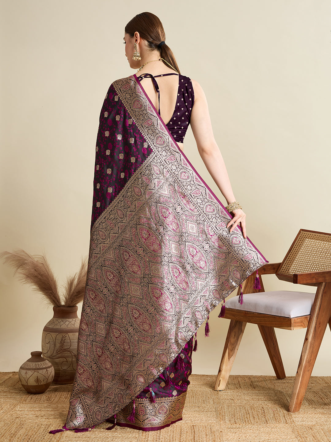 Soft Satin Silk Wine Saree with Rich Zari Motifs, Contrast Border & Elegant Blouse