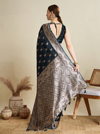 Soft Satin Silk Black Saree with Rich Zari Motifs, Contrast Border & Elegant Blouse