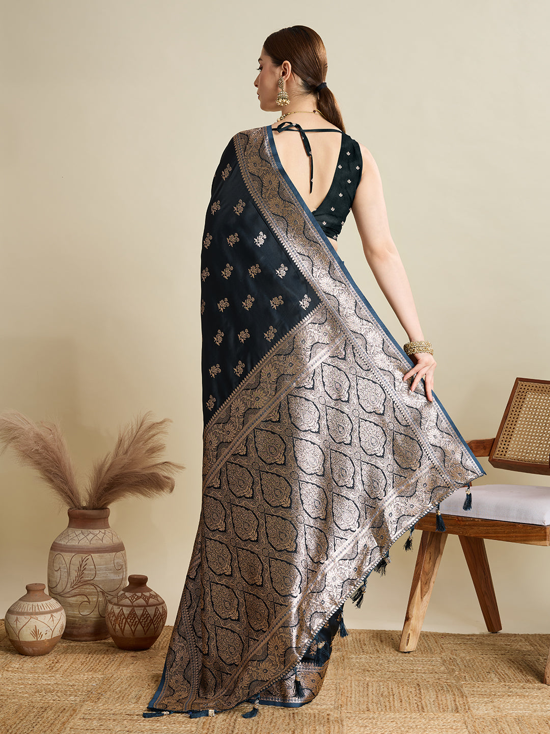 Soft Satin Silk Black Saree with Rich Zari Motifs, Contrast Border & Elegant Blouse
