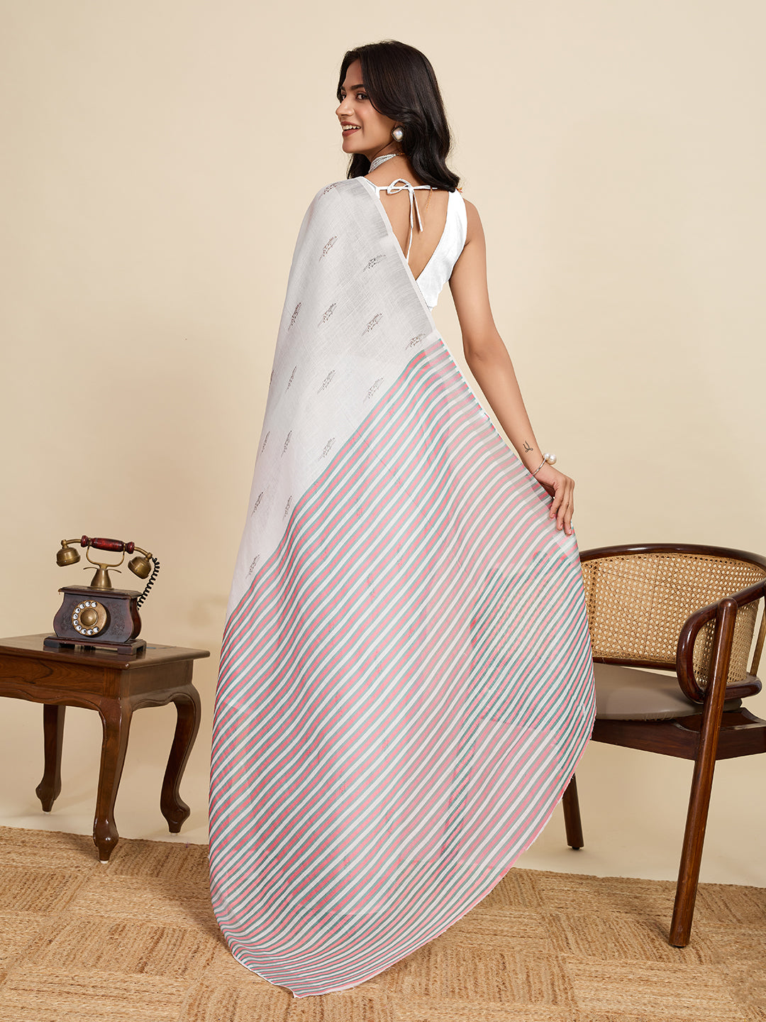 Women's White Color Linen Saree with Jari Border and Blouse – Printed All Over Designer