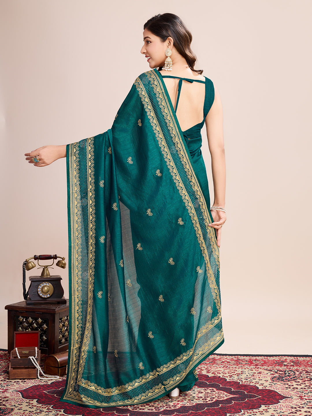 Soft Vichitra Silk Rama Saree with Intricate Multicolor Floral Work & Coordinated Embroidered