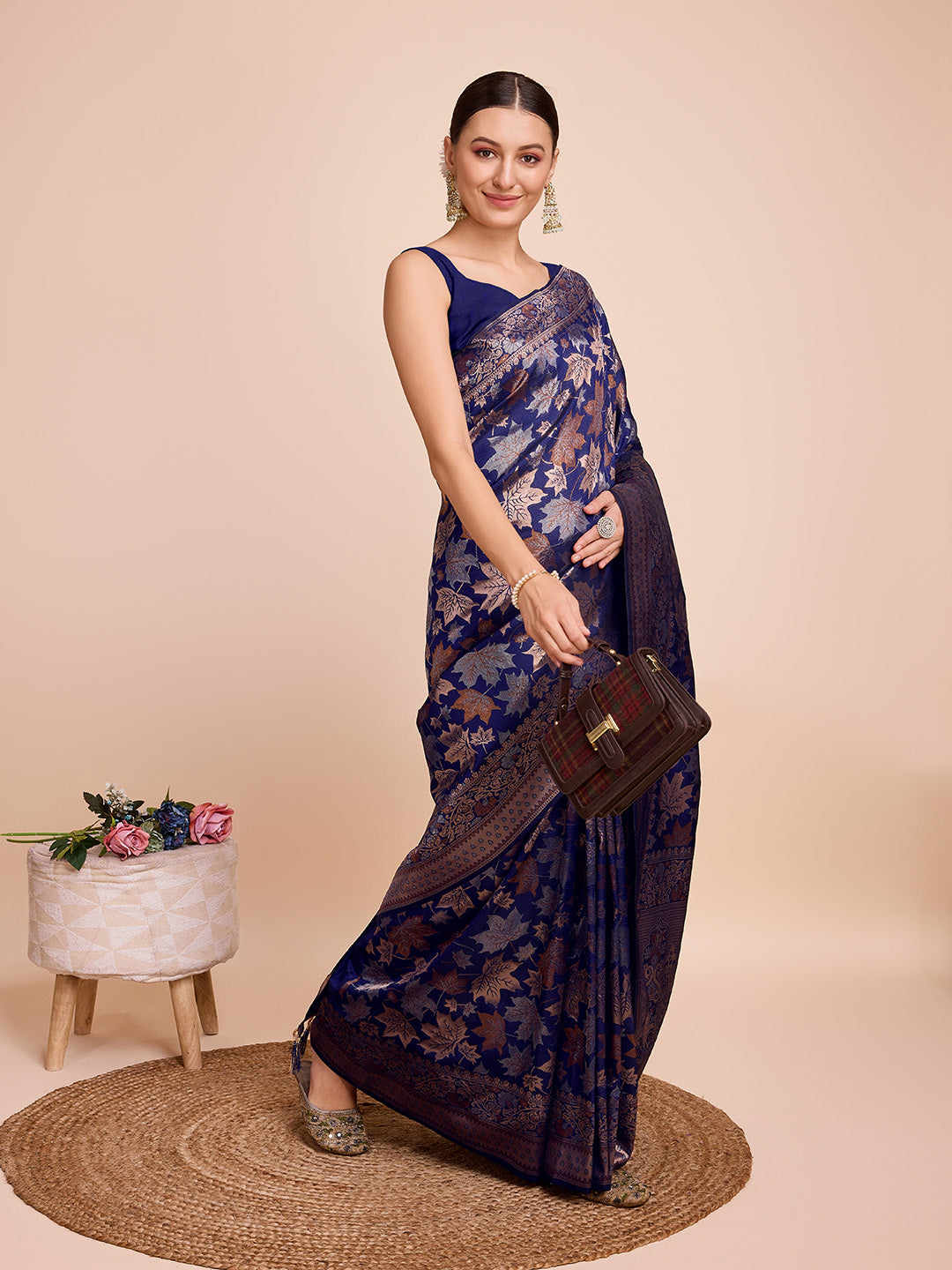 Navy Blue Pure Silk Saree – Double Zari Weaving with Soft Zari Border & Contrast Gold/Copper Accents