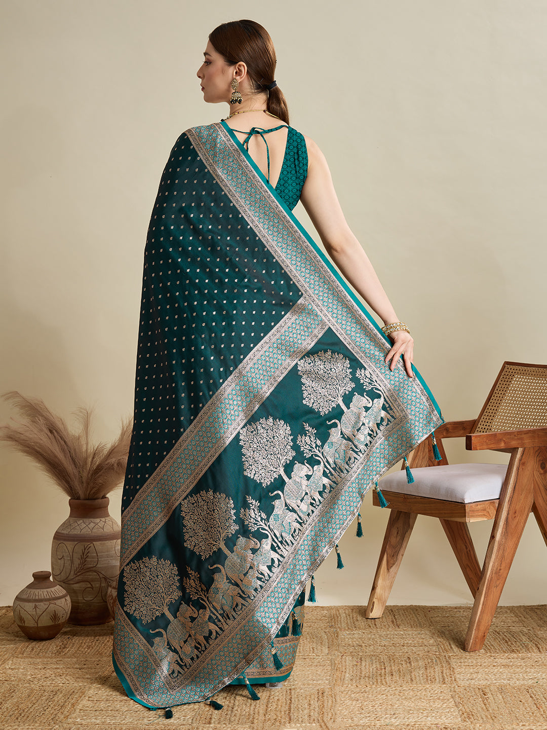 Soft Satin Silk Green Saree with Rich Zari Motifs, Contrast Border & Elegant Blouse