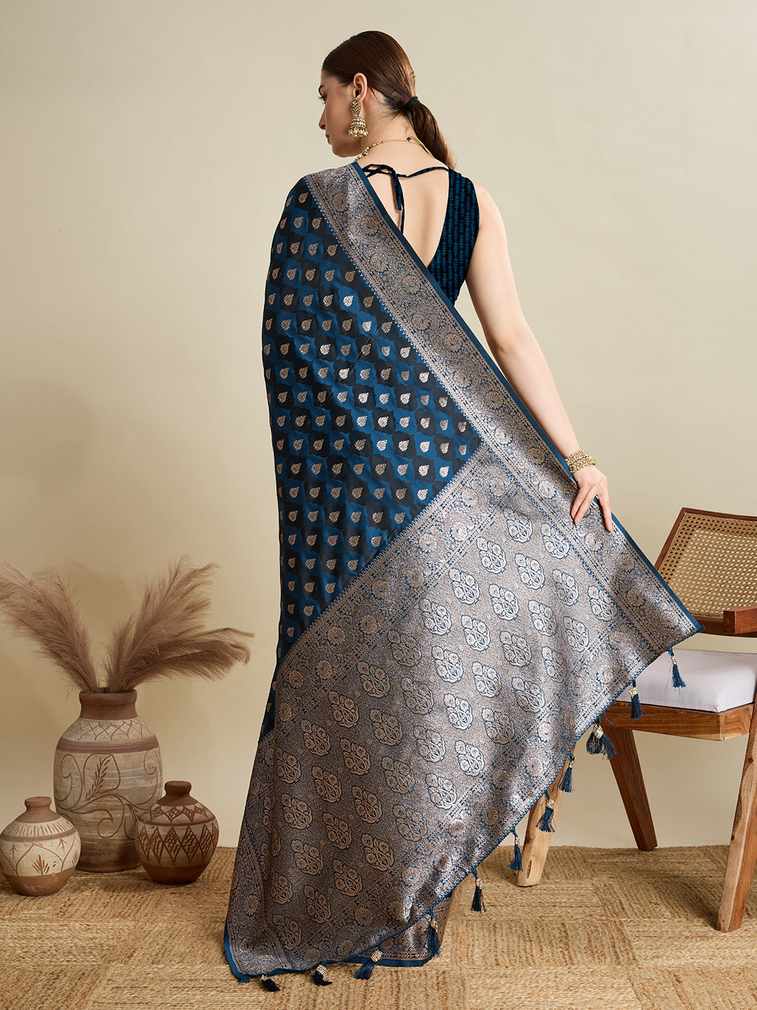 Soft Satin Silk Navy blue Saree with Rich Zari Motifs, Contrast Border & Elegant Blouse