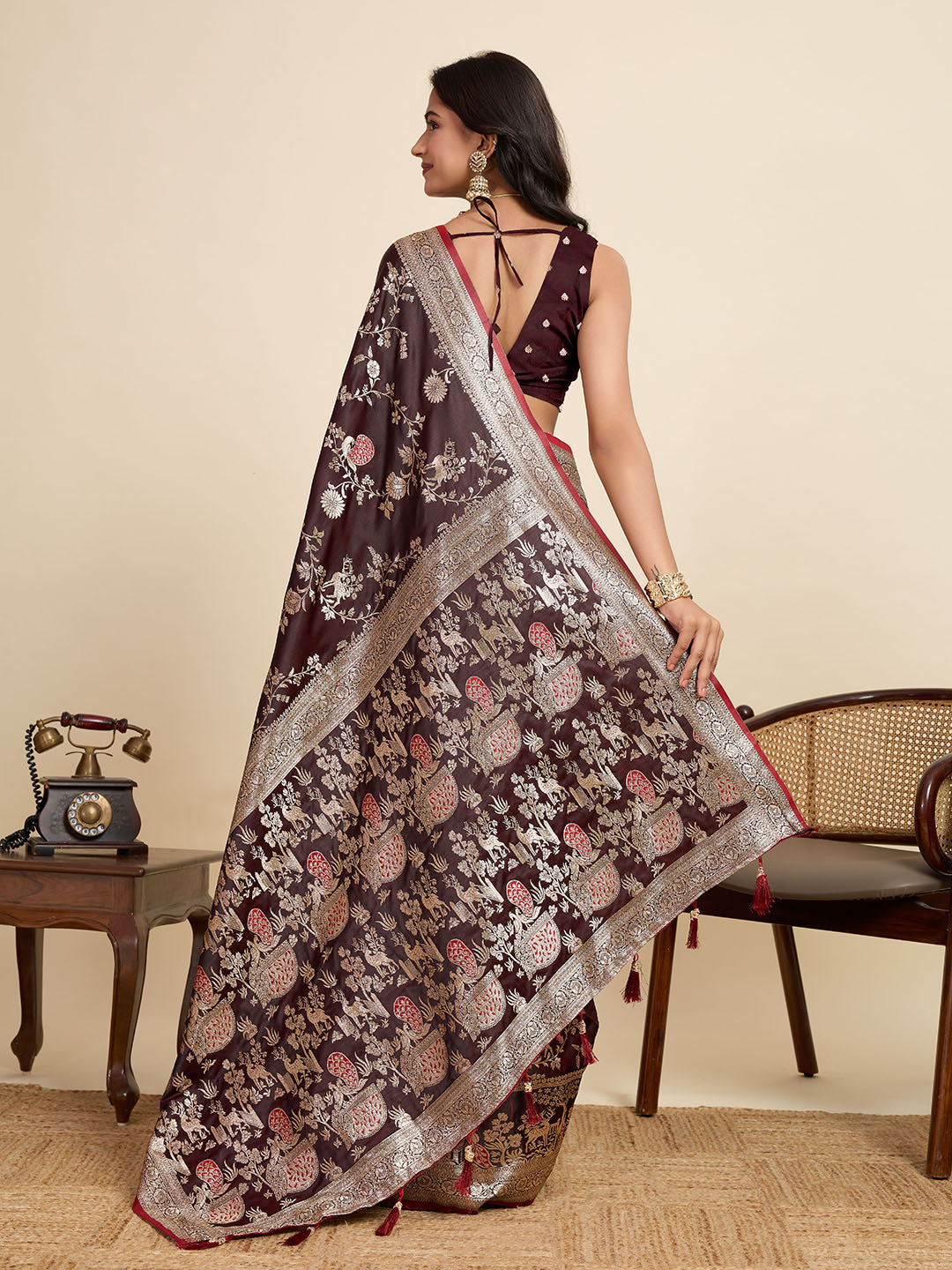 Premium Brown  Two-Tone Satin Soft Silk Saree with All Over Zari Work & Contrast Woven Border (Copy)