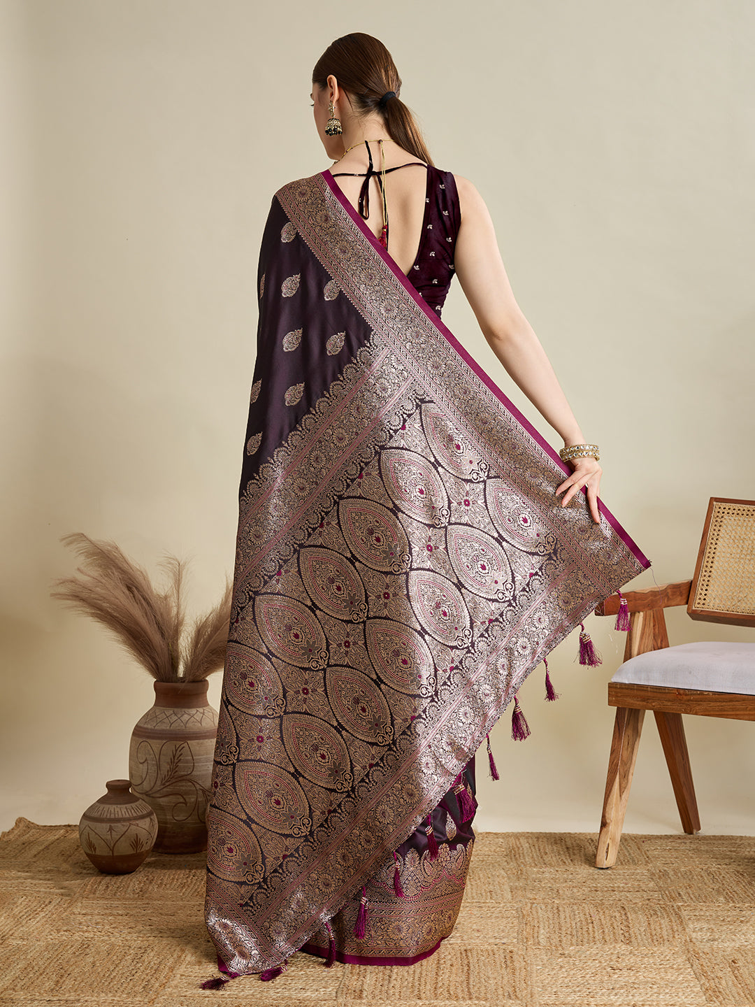 Soft Satin Silk Wine Saree with Rich Zari Motifs, Contrast Border & Elegant Blouse