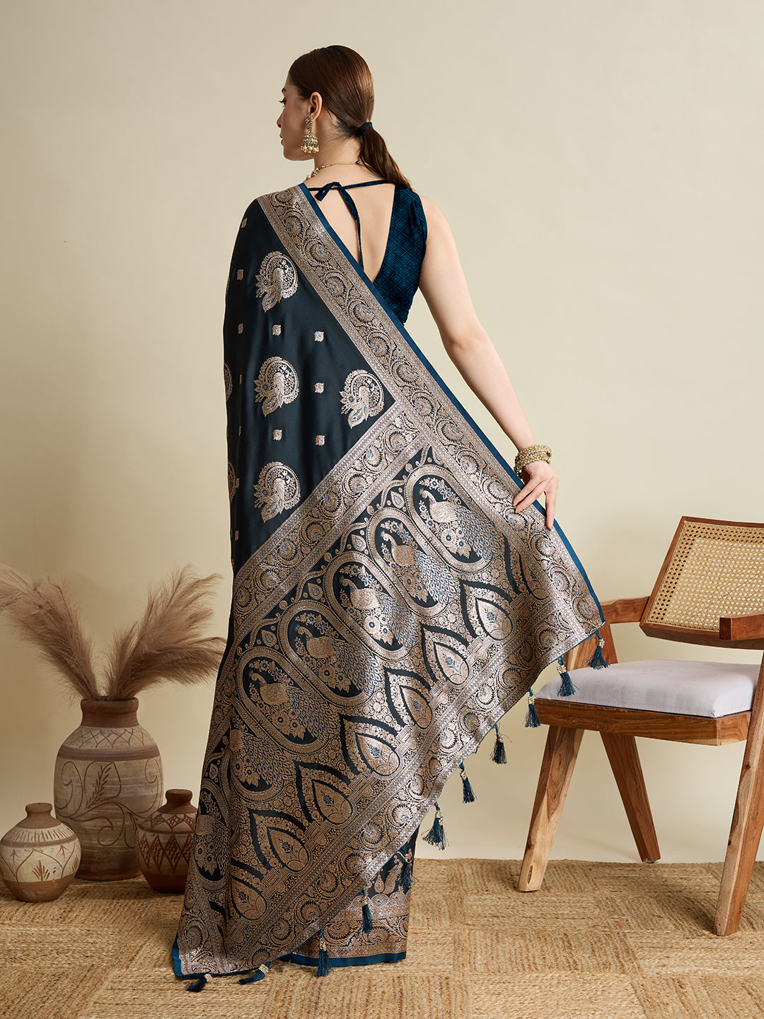 Soft Satin Silk Blue Saree with Rich Zari Motifs, Contrast Border & Elegant Blouse