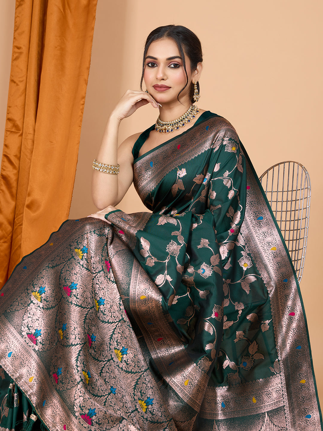 Dark Green Soft Banarasi Silk Saree Featuring Meenakari Zari Weaving & Tassels on Pallu