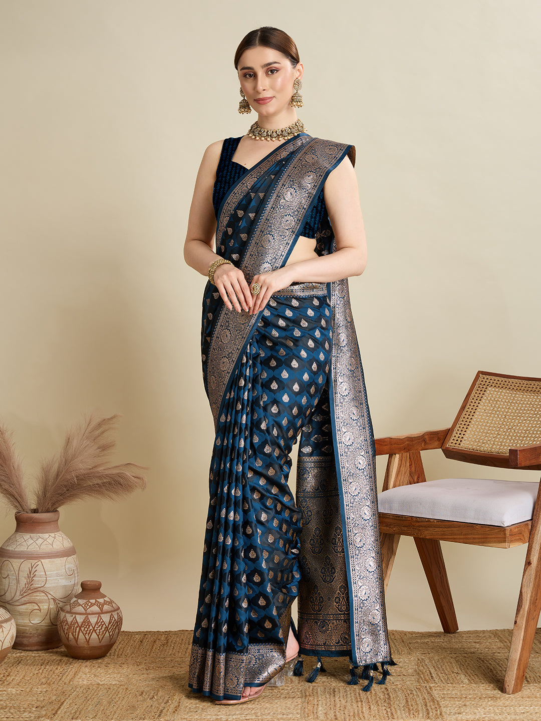 Soft Satin Silk Navy blue Saree with Rich Zari Motifs, Contrast Border & Elegant Blouse