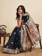 Black Soft Silk Saree in Premium Two-Tone Satin with Paithani Design, Rich Zari Pallu & Contrast Mina Border