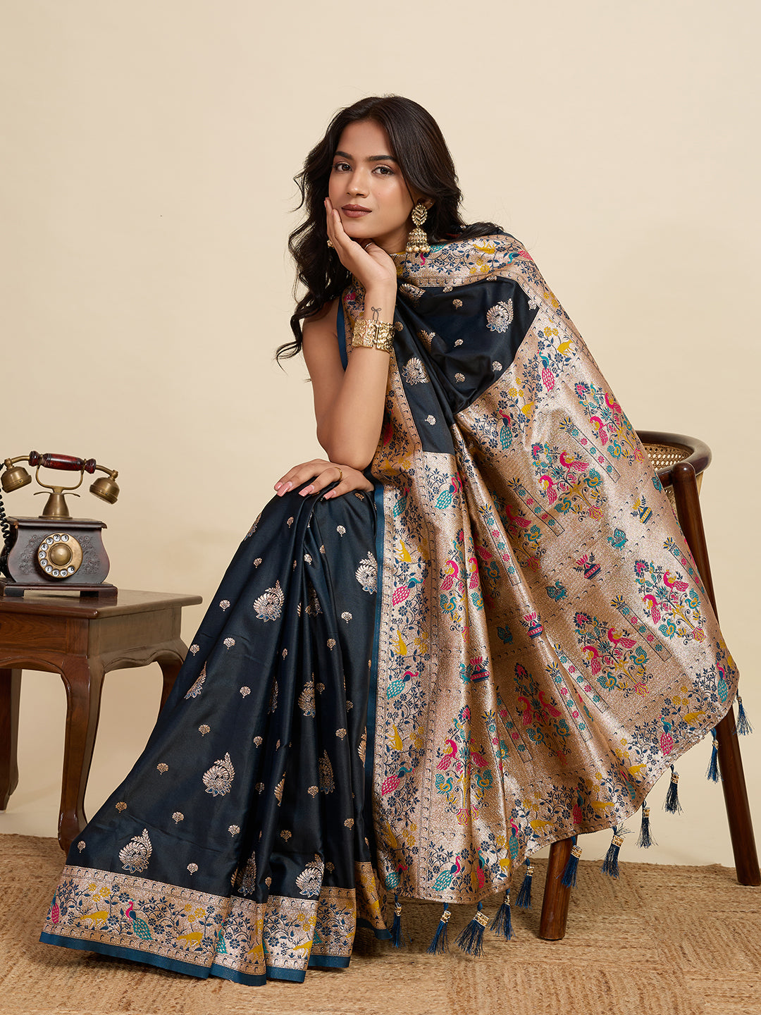 Black Soft Silk Saree in Premium Two-Tone Satin with Paithani Design, Rich Zari Pallu & Contrast Mina Border