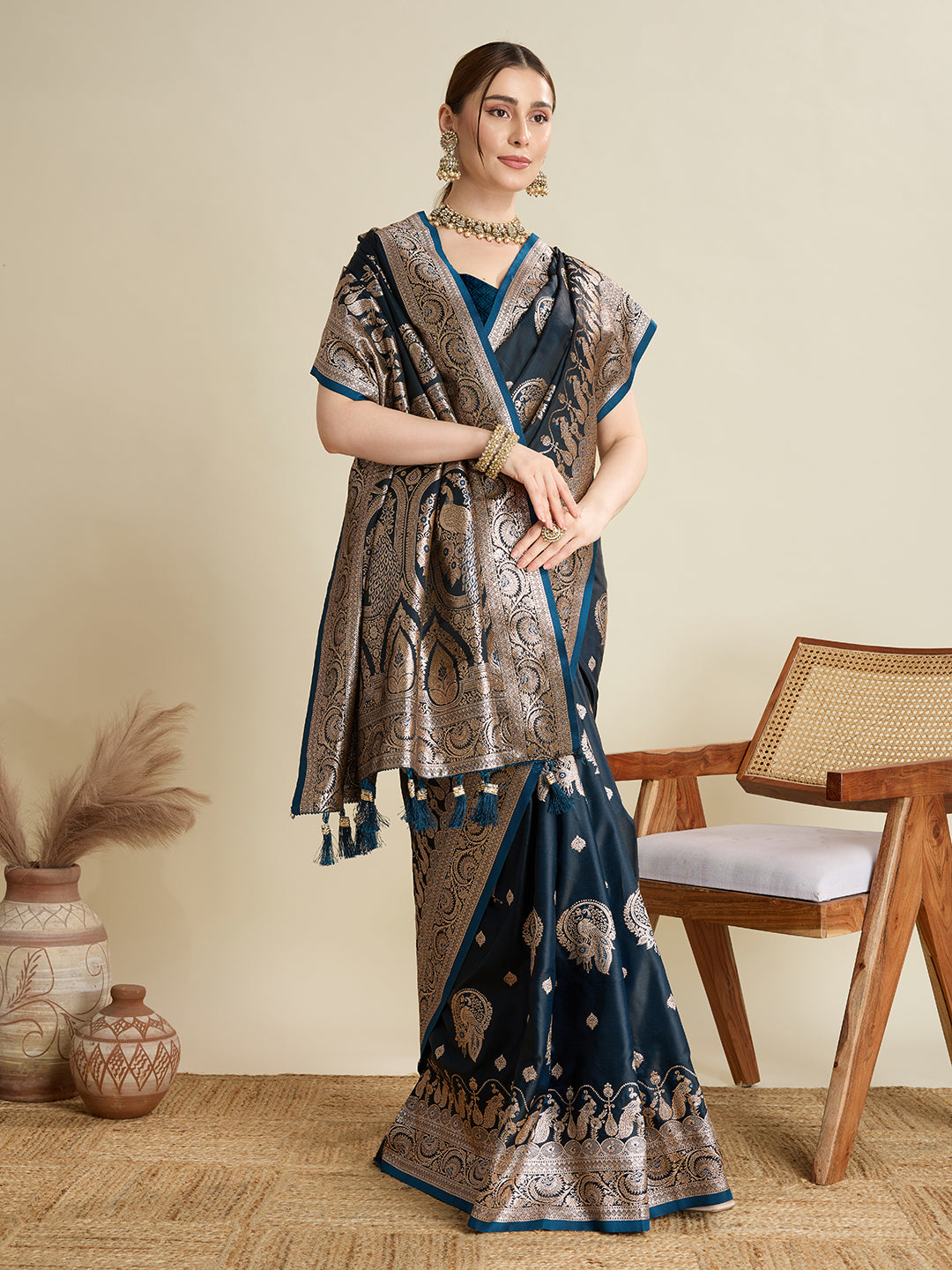 Soft Satin Silk Blue Saree with Rich Zari Motifs, Contrast Border & Elegant Blouse