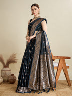 Soft Satin Silk Black Saree with Rich Zari Motifs, Contrast Border & Elegant Blouse